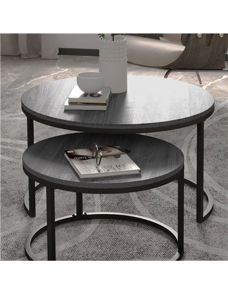 HOMCOM Industrial Nesting Coffee Table Set of 2, Round Coffee Tables, Living Room Table with Wood Effect Top and Steel Frame 833 - pic 85482 | FastDaddyshop