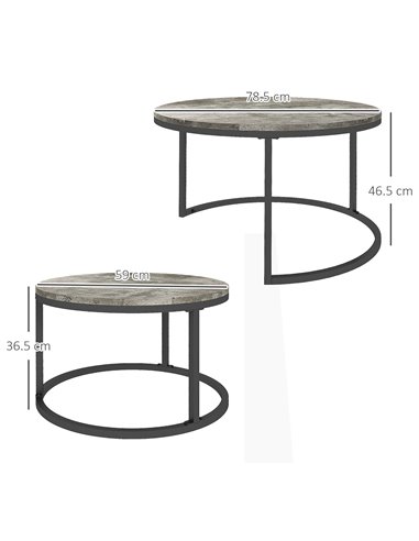 HOMCOM Industrial Nesting Coffee Table Set of 2, Round Coffee Tables, Living Room Table with Faux Cement Top and Steel Frame 833