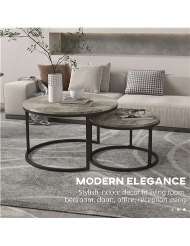HOMCOM Industrial Nesting Coffee Table Set of 2, Round Coffee Tables, Living Room Table with Faux Cement Top and Steel Frame 833