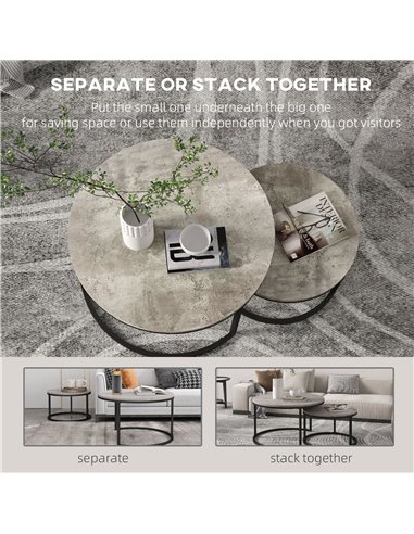 HOMCOM Industrial Nesting Coffee Table Set of 2, Round Coffee Tables, Living Room Table with Faux Cement Top and Steel Frame 833