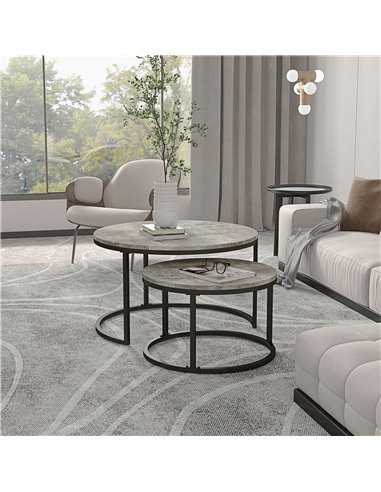 HOMCOM Industrial Nesting Coffee Table Set of 2, Round Coffee Tables, Living Room Table with Faux Cement Top and Steel Frame 833