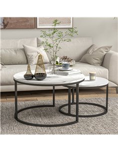 HOMCOM Industrial Nesting Coffee Table Set of 2, Round Coffee Tables, Living Room Table with Faux Marbled Top and Steel Frame 83 2