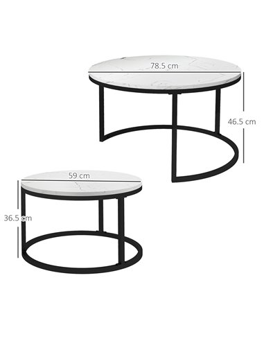HOMCOM Industrial Nesting Coffee Table Set of 2, Round Coffee Tables, Living Room Table with Faux Marbled Top and Steel Frame 83