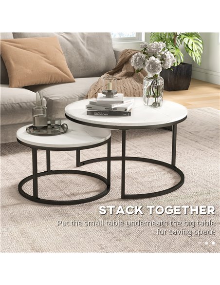 HOMCOM Industrial Nesting Coffee Table Set of 2, Round Coffee Tables, Living Room Table with Faux Marbled Top and Steel Frame 83 - pic 85496 | FastDaddyshop