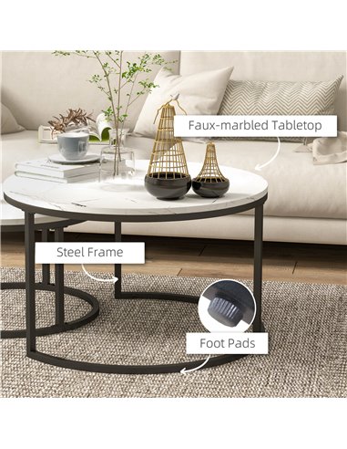 HOMCOM Industrial Nesting Coffee Table Set of 2, Round Coffee Tables, Living Room Table with Faux Marbled Top and Steel Frame 83