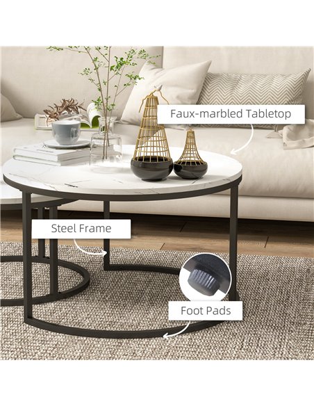 HOMCOM Industrial Nesting Coffee Table Set of 2, Round Coffee Tables, Living Room Table with Faux Marbled Top and Steel Frame 83 - pic 85498 | FastDaddyshop