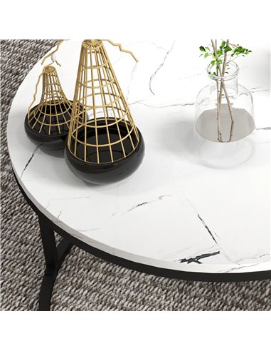 HOMCOM Industrial Nesting Coffee Table Set of 2, Round Coffee Tables, Living Room Table with Faux Marbled Top and Steel Frame 83