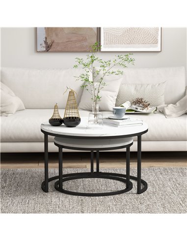 HOMCOM Industrial Nesting Coffee Table Set of 2, Round Coffee Tables, Living Room Table with Faux Marbled Top and Steel Frame 83