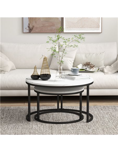 HOMCOM Industrial Nesting Coffee Table Set of 2, Round Coffee Tables, Living Room Table with Faux Marbled Top and Steel Frame 83 - pic 85500 | FastDaddyshop