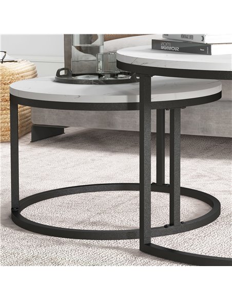 HOMCOM Industrial Nesting Coffee Table Set of 2, Round Coffee Tables, Living Room Table with Faux Marbled Top and Steel Frame 83 - pic 85501 | FastDaddyshop