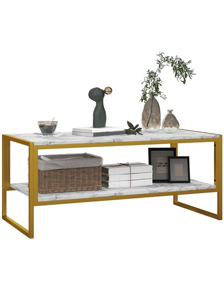 HOMCOM Two-Tier Coffee Table, Modern Marble Effect Center Table with Storage Shelf and Metal Frame, Tea Table for Living Room, W - pic 85511 | FastDaddyshop