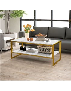 HOMCOM Two-Tier Coffee Table, Modern Marble Effect Center Table with Storage Shelf and Metal Frame, Tea Table for Living Room, W 2