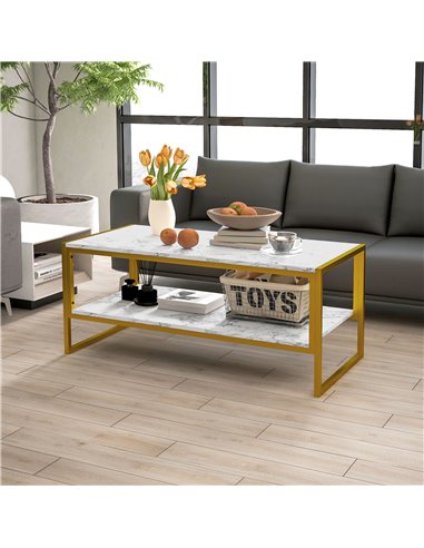 HOMCOM Two-Tier Coffee Table, Modern Marble Effect Center Table with Storage Shelf and Metal Frame, Tea Table for Living Room, W