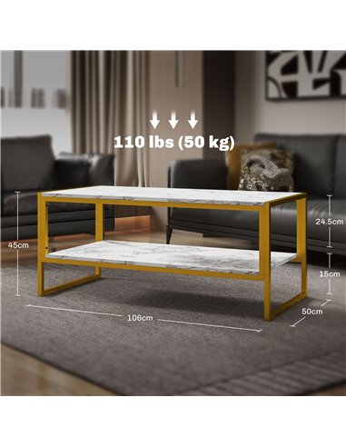 HOMCOM Two-Tier Coffee Table, Modern Marble Effect Center Table with Storage Shelf and Metal Frame, Tea Table for Living Room, W