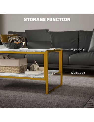 HOMCOM Two-Tier Coffee Table, Modern Marble Effect Center Table with Storage Shelf and Metal Frame, Tea Table for Living Room, W