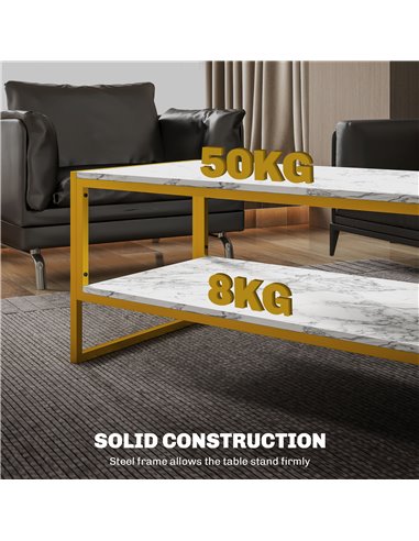 HOMCOM Two-Tier Coffee Table, Modern Marble Effect Center Table with Storage Shelf and Metal Frame, Tea Table for Living Room, W