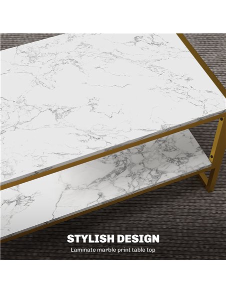 HOMCOM Two-Tier Coffee Table, Modern Marble Effect Center Table with Storage Shelf and Metal Frame, Tea Table for Living Room, W - pic 85516 | FastDaddyshop