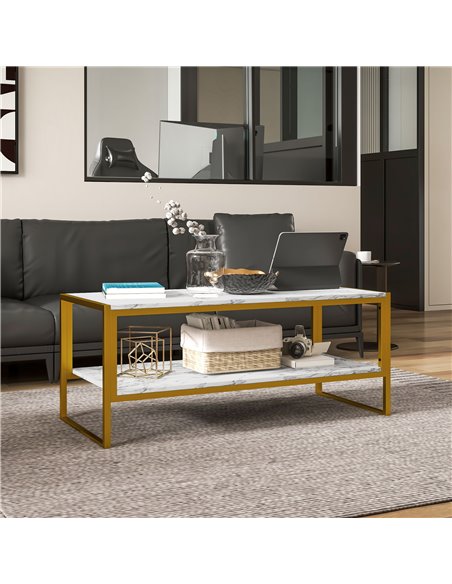 HOMCOM Two-Tier Coffee Table, Modern Marble Effect Center Table with Storage Shelf and Metal Frame, Tea Table for Living Room, W - pic 85517 | FastDaddyshop