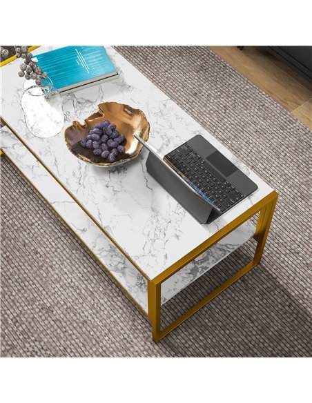 HOMCOM Two-Tier Coffee Table, Modern Marble Effect Center Table with Storage Shelf and Metal Frame, Tea Table for Living Room, W - pic 85518 | FastDaddyshop