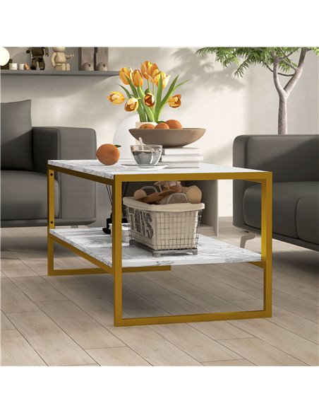 HOMCOM Two-Tier Coffee Table, Modern Marble Effect Center Table with Storage Shelf and Metal Frame, Tea Table for Living Room, W - pic 85519 | FastDaddyshop