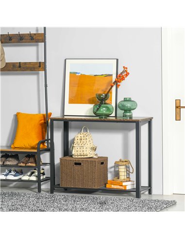 HOMCOM 2-Tier Console Table Side/End Table w/ Bottom Mesh Shelf Rectangular Adjustable Feet For Living Room Entryway Hallway Bro