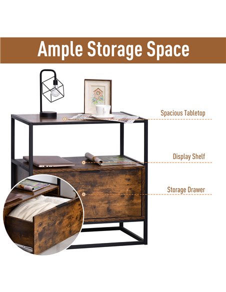HOMCOM Industrial Side Table: Retro Steel-Frame Unit with Drawer, Open Shelf, Two-Tone Finish 838-039 - pic 85550 | FastDaddyshop