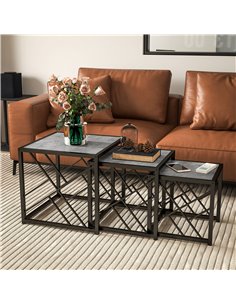 HOMCOM Set of 3 Nest of Tables, Square Side Tables with Black Metal Frame, for Living Room, Bedroom and Office, Grey 839-062GY 2
