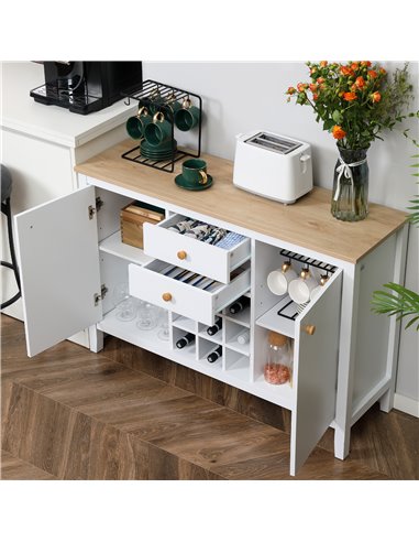 HOMCOM Buffet Cabinet, Rustic Sideboard with 9-bottle Wine Rack, Storage Cabinets, Drawers and Adjustable Shelves, Natural Handl