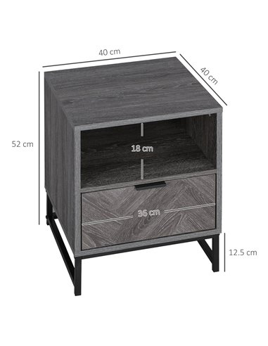 HOMCOM Bedside Table with Drawer and Shelf, Side End Table with Steel Legs for Living Room, Bedroom, Dark Grey 831-507