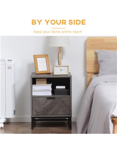 HOMCOM Bedside Table with Drawer and Shelf, Side End Table with Steel Legs for Living Room, Bedroom, Dark Grey 831-507