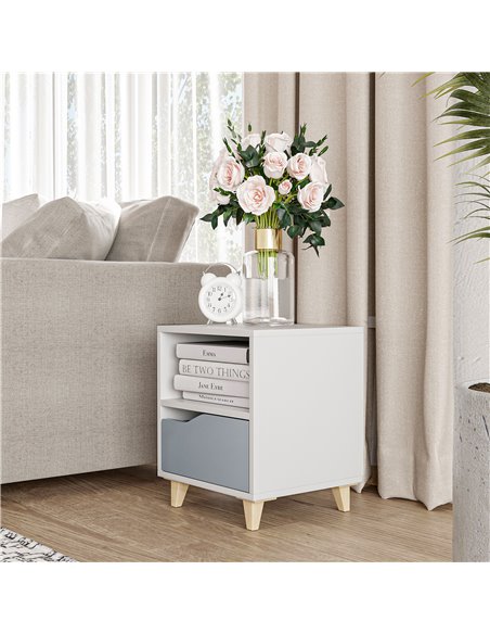 HOMCOM Contemporary Bedside Table, Compact Side Table with Drawer, Shelf, and Wooden Legs, 36.8x33x43.8cm, Grey and White 831-52 - pic 85692 | FastDaddyshop
