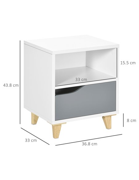 HOMCOM Contemporary Bedside Table, Compact Side Table with Drawer, Shelf, and Wooden Legs, 36.8x33x43.8cm, Grey and White 831-52 - pic 85693 | FastDaddyshop