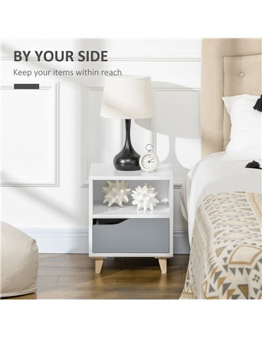 HOMCOM Contemporary Bedside Table, Compact Side Table with Drawer, Shelf, and Wooden Legs, 36.8x33x43.8cm, Grey and White 831-52