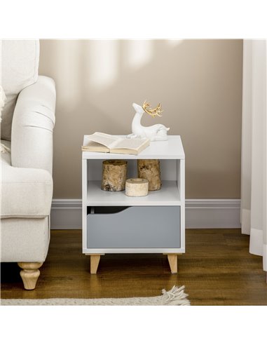 HOMCOM Contemporary Bedside Table, Compact Side Table with Drawer, Shelf, and Wooden Legs, 36.8x33x43.8cm, Grey and White 831-52