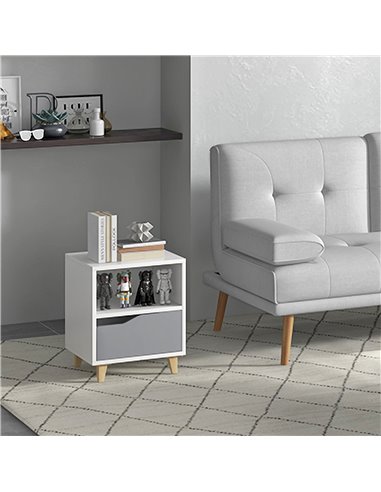HOMCOM Contemporary Bedside Table, Compact Side Table with Drawer, Shelf, and Wooden Legs, 36.8x33x43.8cm, Grey and White 831-52