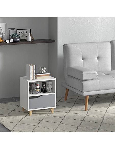 HOMCOM Contemporary Bedside Table, Compact Side Table with Drawer, Shelf, and Wooden Legs, 36.8x33x43.8cm, Grey and White 831-52 - pic 85699 | FastDaddyshop