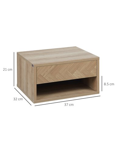 HOMCOM Set of 2 Bedside Tables, Wall Mounted Nightstand with Drawer and Shelf, Compact Bedroom Furniture, 37 x 32 x 21cm, Natura