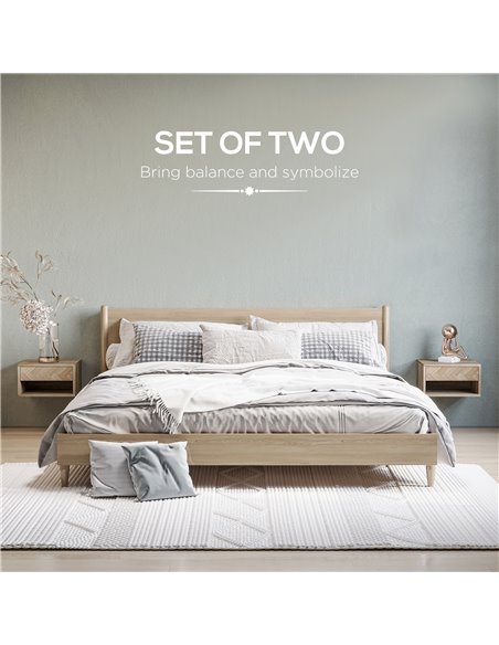 HOMCOM Set of 2 Bedside Tables, Wall Mounted Nightstand with Drawer and Shelf, Compact Bedroom Furniture, 37 x 32 x 21cm, Natura - pic 85703 | FastDaddyshop