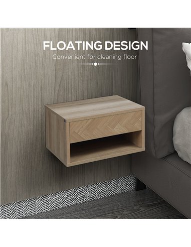 HOMCOM Set of 2 Bedside Tables, Wall Mounted Nightstand with Drawer and Shelf, Compact Bedroom Furniture, 37 x 32 x 21cm, Natura