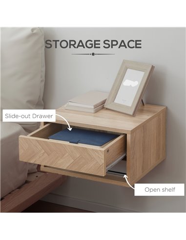 HOMCOM Set of 2 Bedside Tables, Wall Mounted Nightstand with Drawer and Shelf, Compact Bedroom Furniture, 37 x 32 x 21cm, Natura