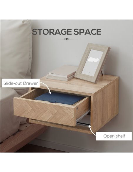 HOMCOM Set of 2 Bedside Tables, Wall Mounted Nightstand with Drawer and Shelf, Compact Bedroom Furniture, 37 x 32 x 21cm, Natura - pic 85705 | FastDaddyshop