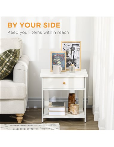 HOMCOM Bedside Table with Drawer and Bottom Shelf, Square Side End Table for Bedroom, Living Room, White 831-492