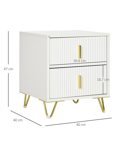 HOMCOM Bedside Table with 2 Drawers, Side End Table, Nightstand with Metal Frame for Living Room, Bedroom, White 831-641V00WT