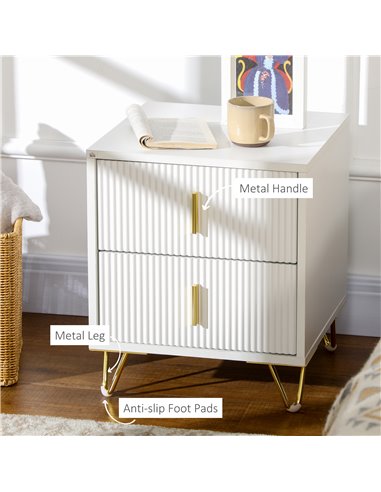 HOMCOM Bedside Table with 2 Drawers, Side End Table, Nightstand with Metal Frame for Living Room, Bedroom, White 831-641V00WT