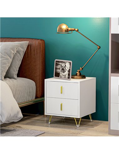 HOMCOM Bedside Table with 2 Drawers, Side End Table, Nightstand with Metal Frame for Living Room, Bedroom, White 831-641V00WT