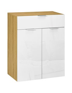 HOMCOM Modern Storage Cabinet, High Gloss Slim Sideboard with Drawer, Door Cupboard, Adjustable Shelves, White and Natural 838-3