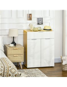 HOMCOM Modern Storage Cabinet, High Gloss Slim Sideboard with Drawer, Door Cupboard, Adjustable Shelves, White and Natural 838-3 2