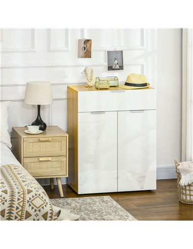 HOMCOM Modern Storage Cabinet, High Gloss Slim Sideboard with Drawer, Door Cupboard, Adjustable Shelves, White and Natural 838-3