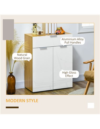 HOMCOM Modern Storage Cabinet, High Gloss Slim Sideboard with Drawer, Door Cupboard, Adjustable Shelves, White and Natural 838-3