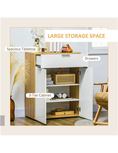 HOMCOM Modern Storage Cabinet, High Gloss Slim Sideboard with Drawer, Door Cupboard, Adjustable Shelves, White and Natural 838-3